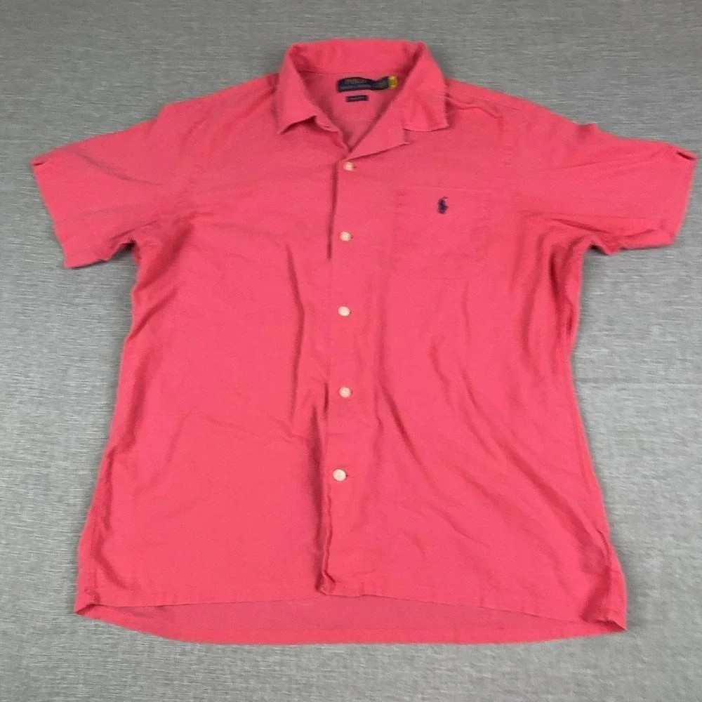 Polo Ralph Lauren Shirt Mens Large Pink Linen Short Sleeve Button Up Classic Fit